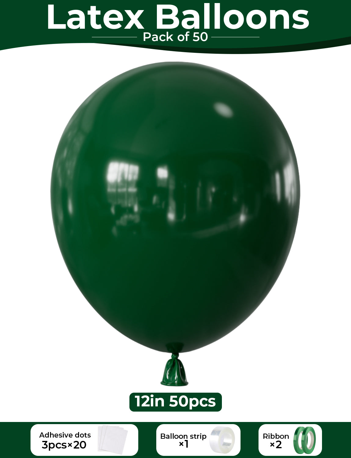 Adeyoo Dark Green Balloons - Forest Green Balloons 12 Inch Round Latex Balloon with Ribbons Shiny Party Balloon for Birthday Football Baby Shower Jungle Safaril Theme Party Decorations, 50Pcs