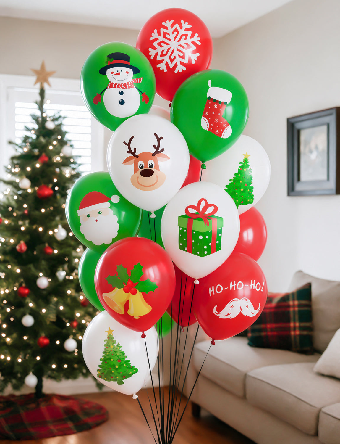 Christmas Balloons, 50 Pcs 12 Inch Christmas Print Balloon, 9 Styles Christmas Party Balloons, Red Green White Latex Balloons, Christmas Decorations for Xmas Winter Wonderland Birthday Parties