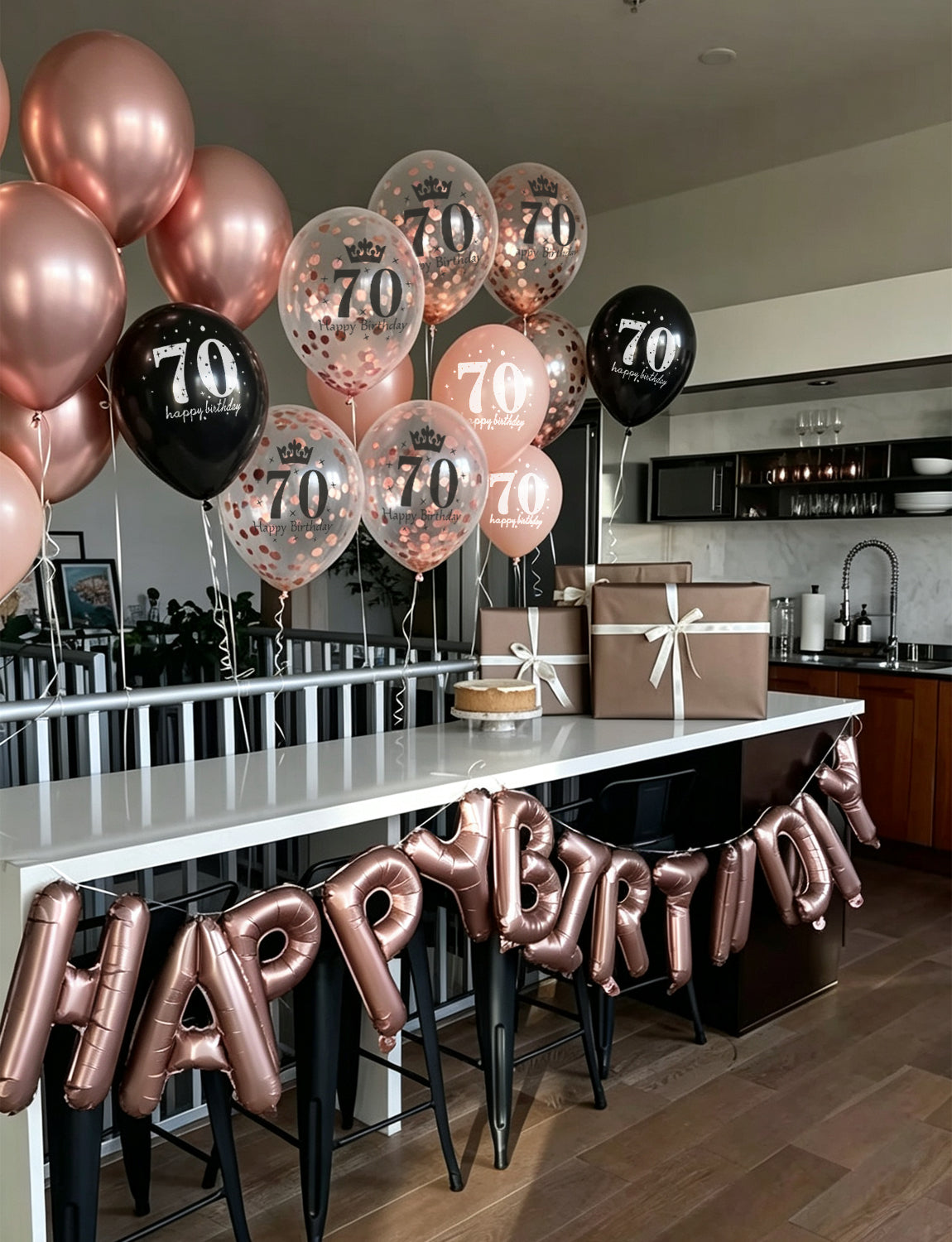 70th Birthday Balloons, Rose Gold and Black Balloons for Party Decor 24 Pcs 12 Inch Happy Birthday Balloons, Metallic and Pearl Rose Gold Balloons with Confetti, 70th Birthday Party Decorations