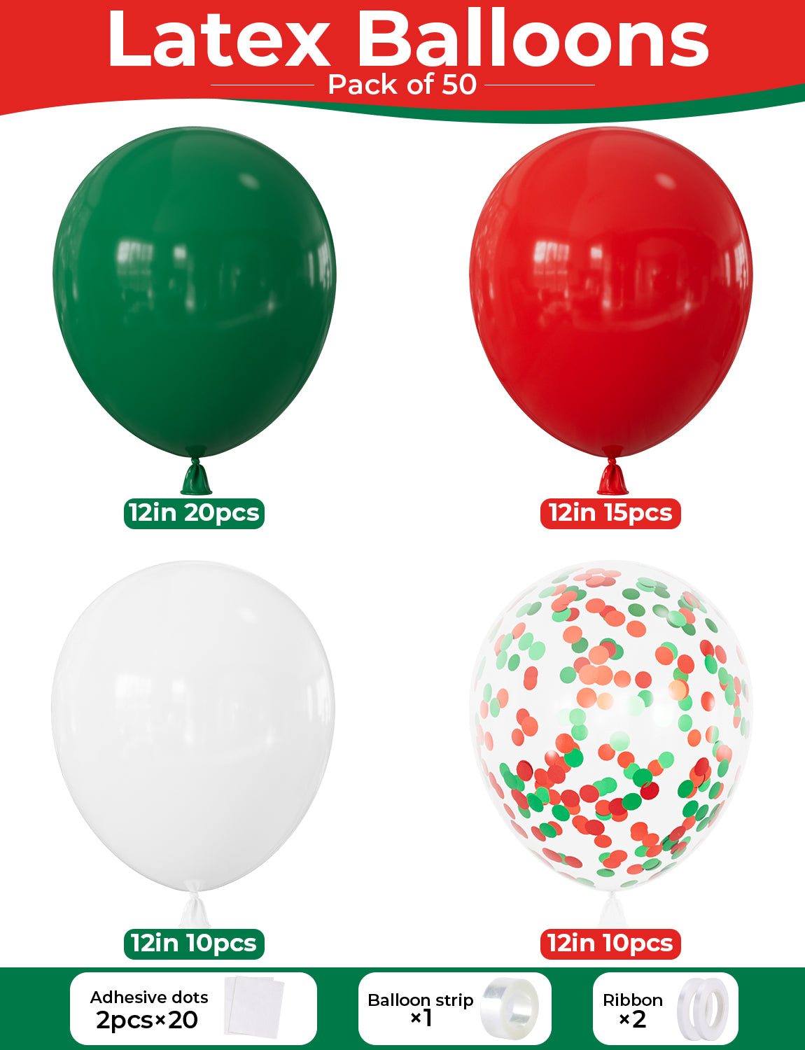 Christmas Balloons, 50 Pcs 12 Inch Red Green White Latex Balloons Christmas Latex Balloons, Red Green Confetti Balloon, Xmas Decorations for Christmas Winter Italian Themed Birthday Party