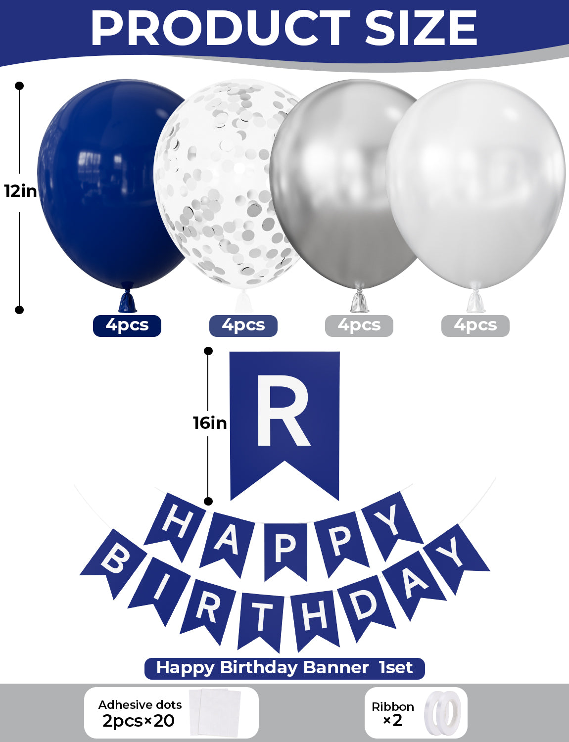 Navy Blue Birthday Banner - Blue Happy Birthday Banner with 12 Inch Navy White Silver Latex Confetti Balloons Reusable Bunting Banners for Girls Women Pet Happy Birth Party Decorations
