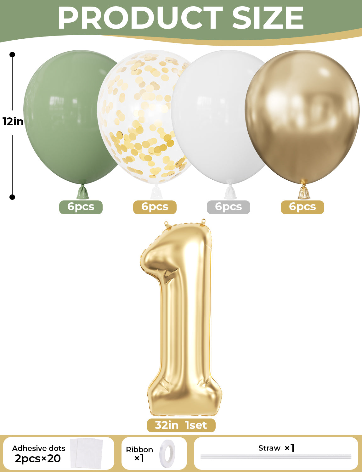 1st Birthday Decoration for Boy Girl, Sage Green Gold White Balloons 1st Birthday Banner , Number 1 Balloon, Gold Bunting, Cake Topper for Baby Wild One Party First Birthday Decorations