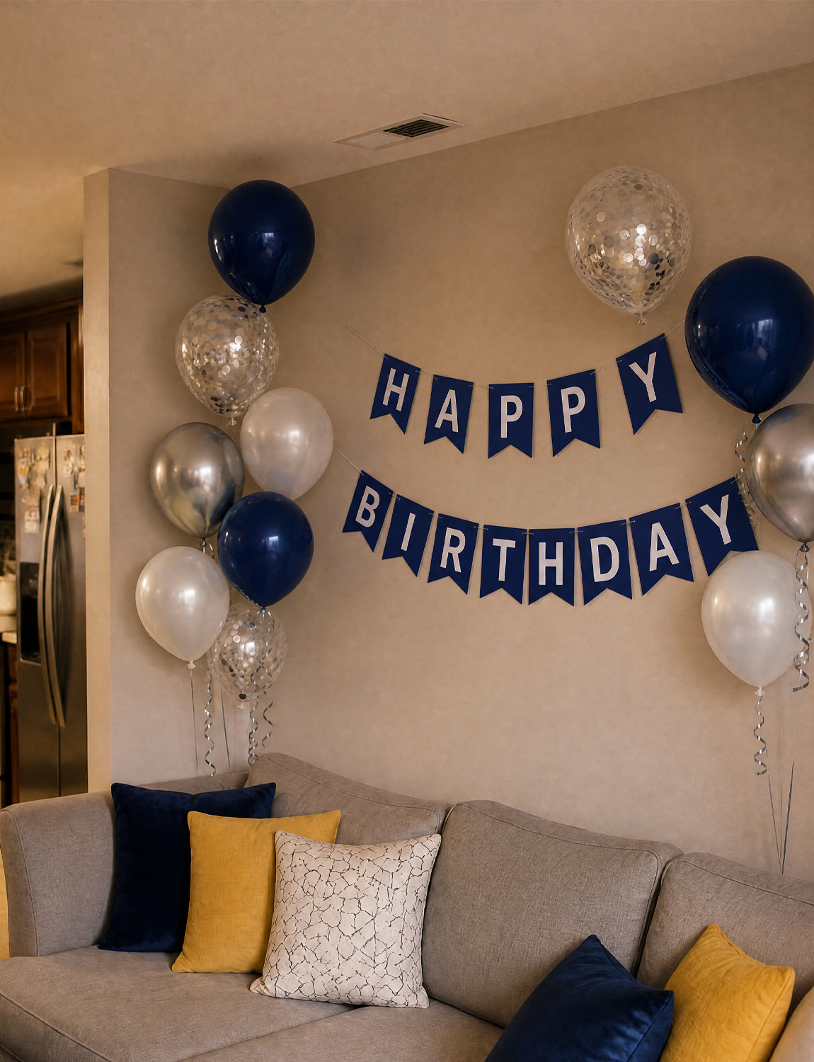 Navy Blue Birthday Banner - Blue Happy Birthday Banner with 12 Inch Navy White Silver Latex Confetti Balloons Reusable Bunting Banners for Girls Women Pet Happy Birth Party Decorations