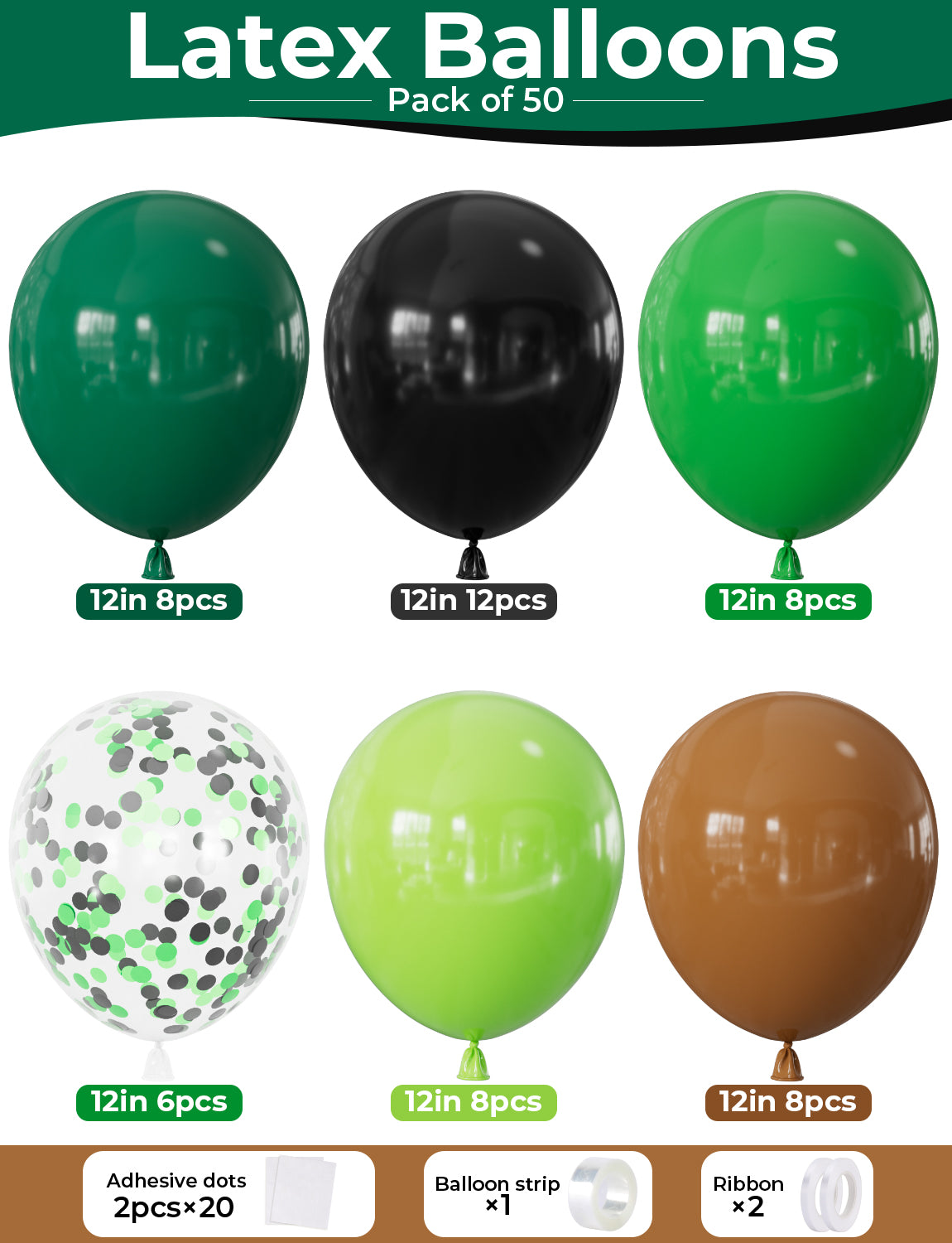 Adeyoo Green Brown Balloons - 12 Inch Black Green Brown Balloons with Confetti Balloon Glitter Party Balloon for Jungle Safari Baby Shower Dinosaur Woodland Hunting Video Game Theme Party Decorations