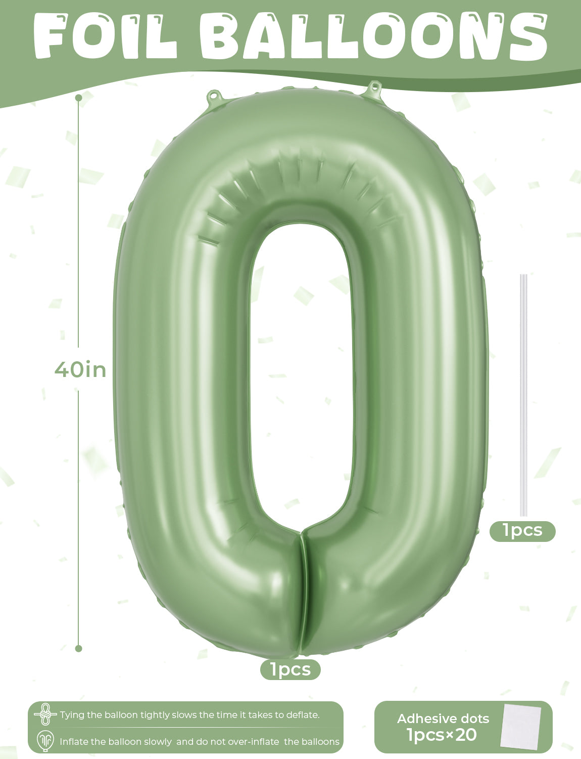 Adeyoo Sage Green Number 0 Balloon - 40 Inch Large Self Inflating Foil Digital 0 Balloon, Green Number Balloons 0-9 for Boys Girls Women Men Birthday Anniversary Jungle Safari Party Decorations