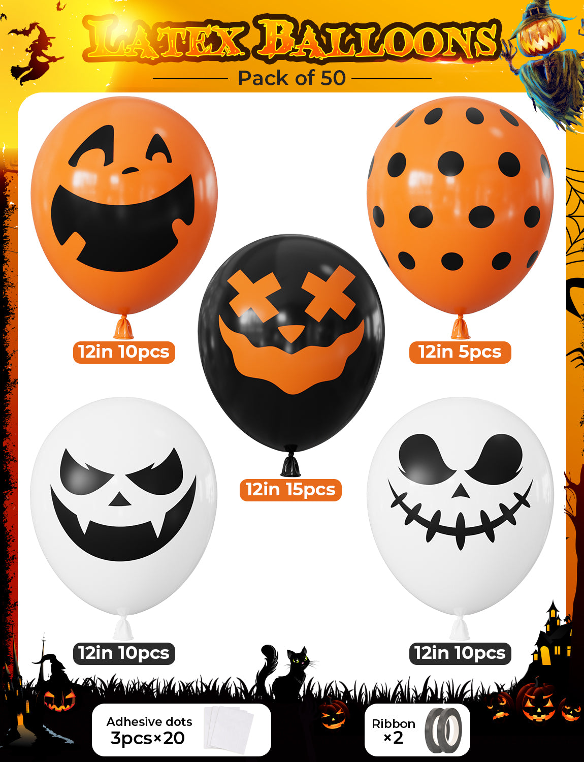 Halloween Party Balloons, 50 Pcs 12 Inch Orange Black White Balloons 5 Styles Halloween Printed Balloons, Ghost, Pumpkin and Skull Balloons, Spooky Latex Balloons for Birthday Party Decorations