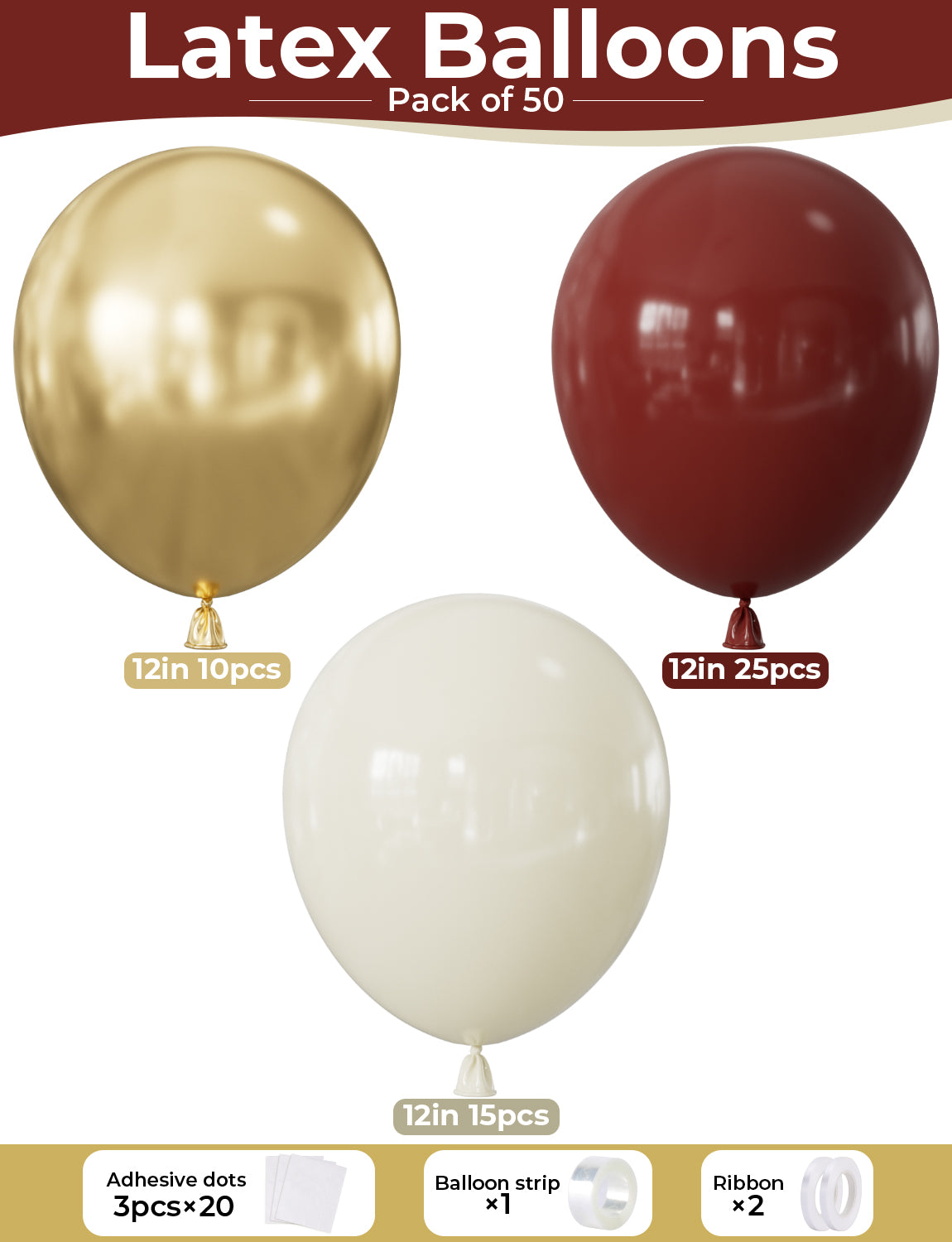 Adeyoo Burgundy and Gold Balloons - 12 Inch Burgundy Balloons Bright Maroon Balloon Gold Metallic Sand White Latex Balloon for Wedding Bridal Shower Birthday Anniversary Wine Party Decorations, 50 PCS