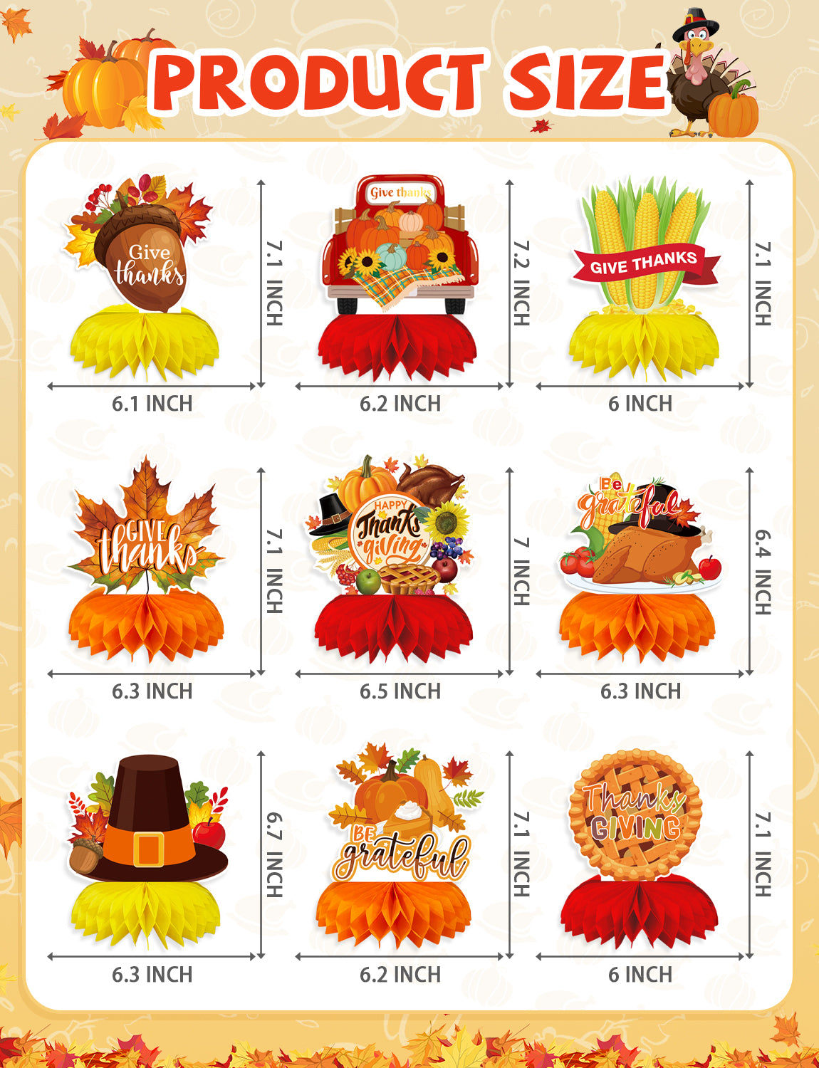 Thanksgiving Table Decorations, Fall Harvest Honeycomb Centerpieces | 9 Pcs Fall Table Decorations with Turkey and Pumpkin, Thanksgiving Centerpieces for Dinner Table, Home & Office Decorations