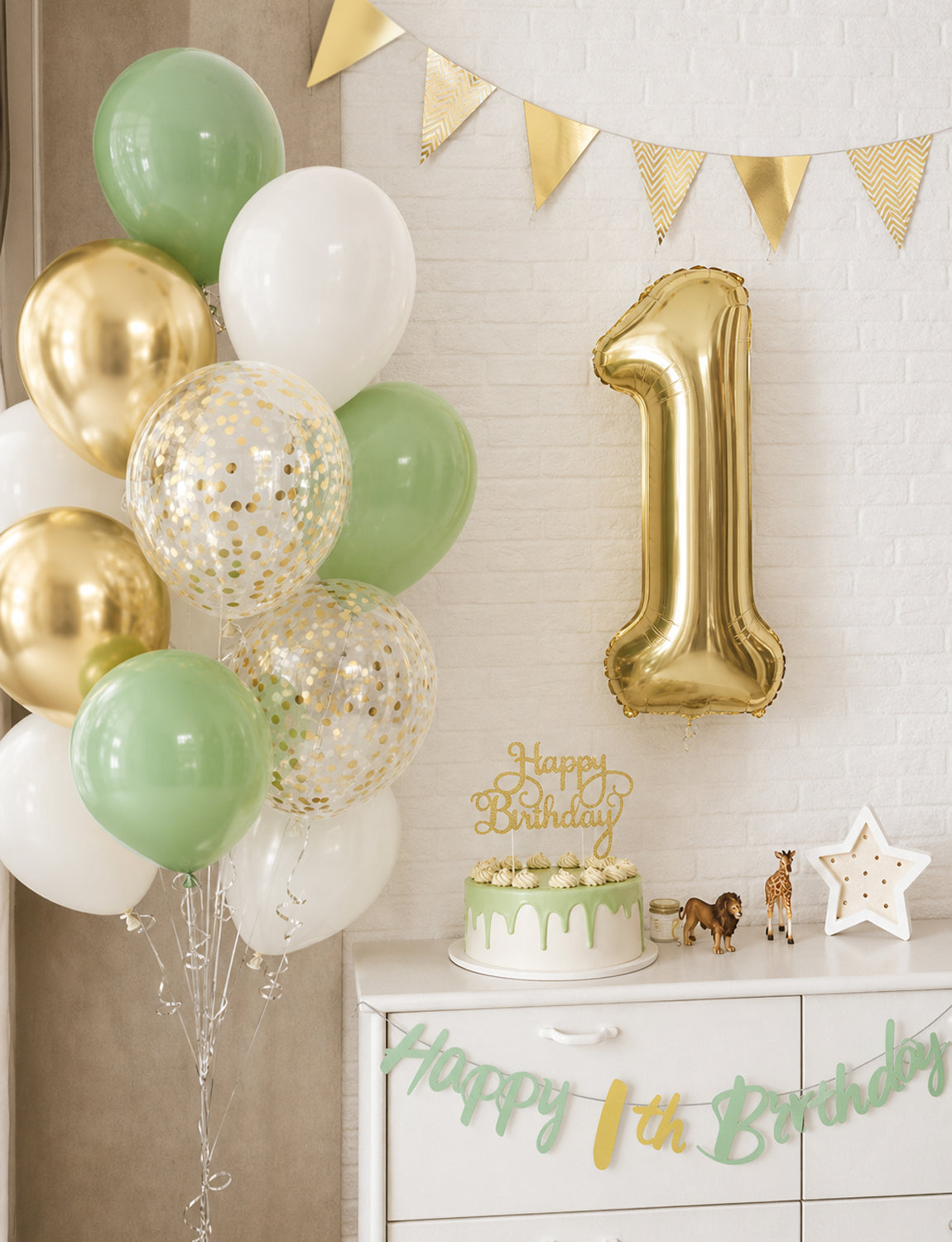 1st Birthday Decoration for Boy Girl, Sage Green Gold White Balloons 1st Birthday Banner , Number 1 Balloon, Gold Bunting, Cake Topper for Baby Wild One Party First Birthday Decorations