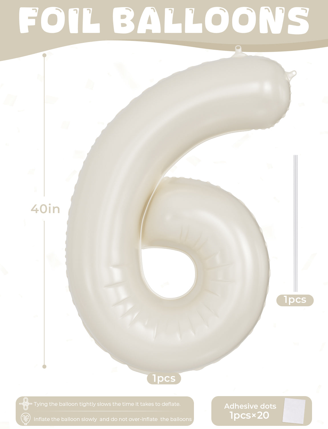 Adeyoo Cream Number 6 Balloons – 40 Inch Giant Foil Number Balloon, Light Cream Number Balloon for Birthday Anniversary Baby Shower Party Decorations