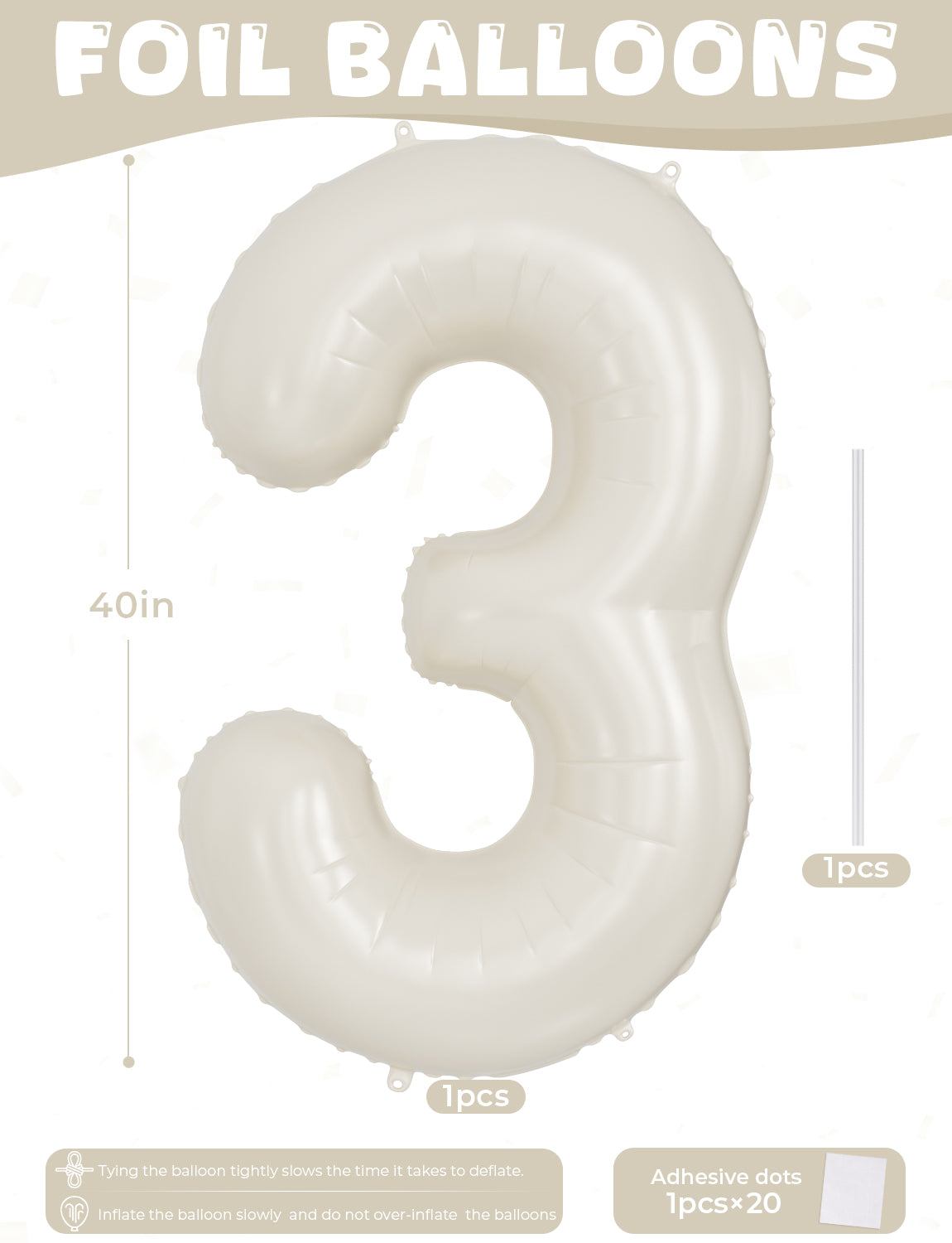 Adeyoo Cream Number 3 Balloons – 40 Inch Giant Foil Number Balloon, Light Cream Number Balloon for Birthday Anniversary Baby Shower Party Decorations