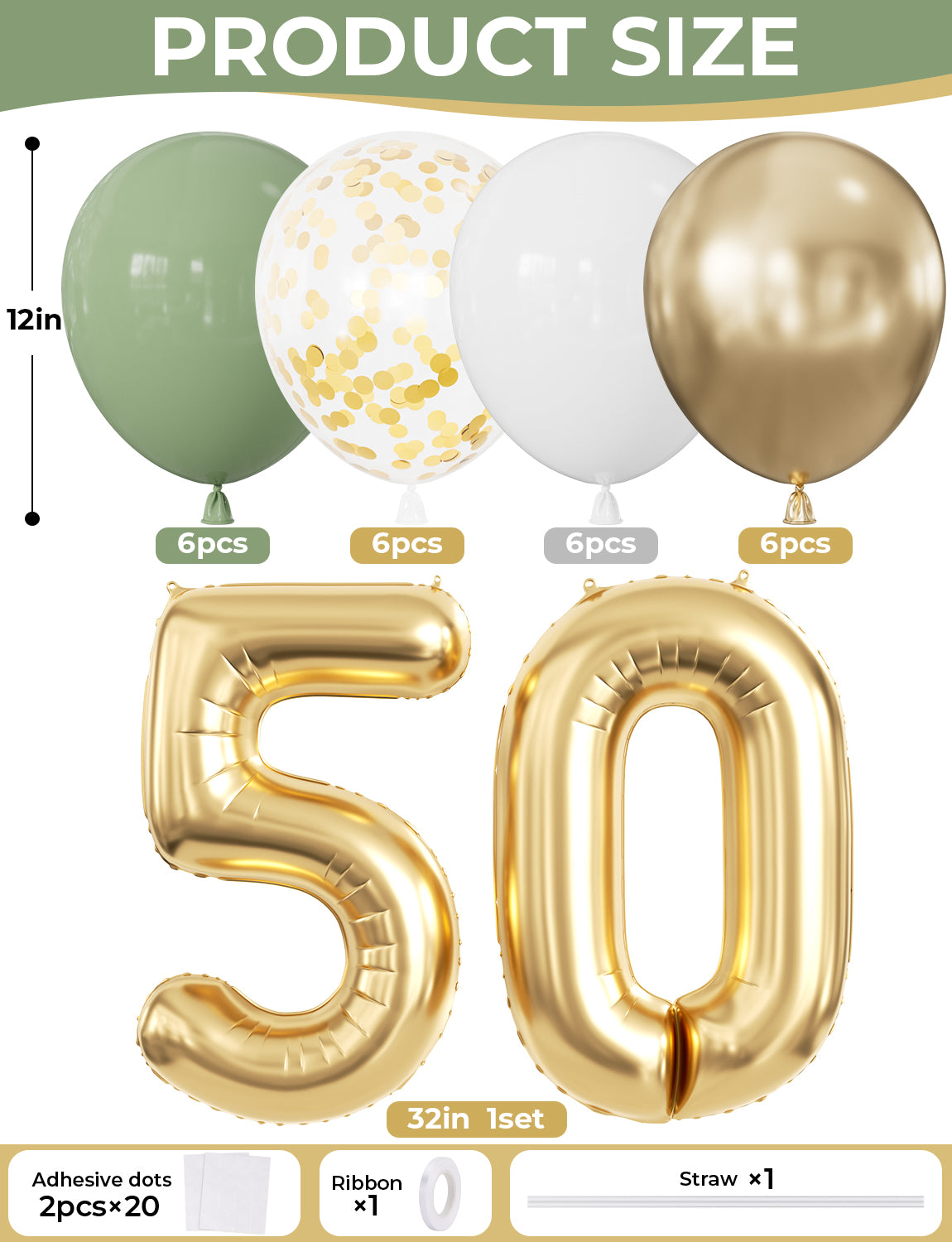 50th Birthday Decorations with 50th Birthday Banner for Women Men Sage Green Gold White Balloons, Number 50 Foil Balloon, Gold Bunting, Cake Topper for 50th Anniversary Birthday Party Decor