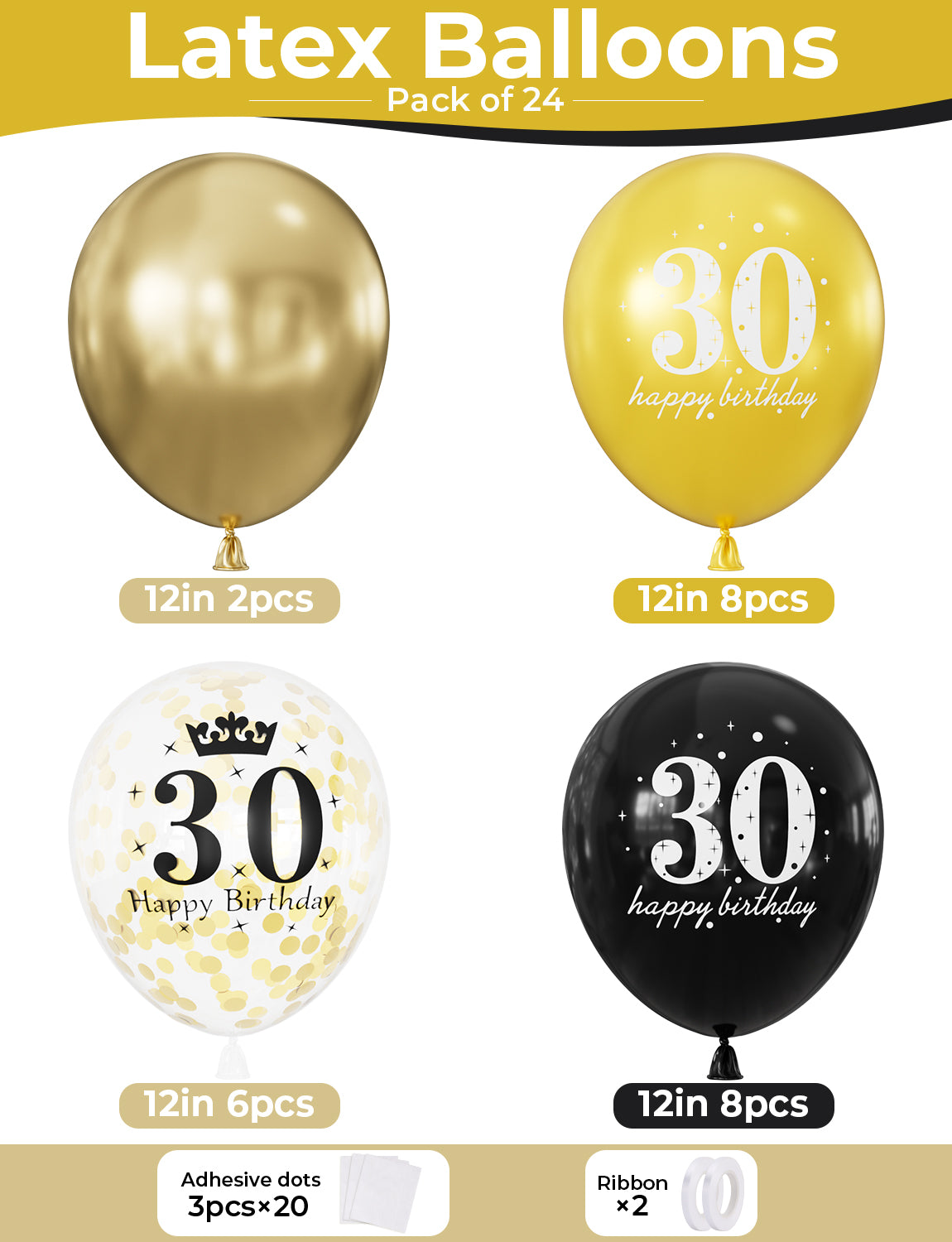 30th Birthday Balloons, 24 Pcs Black and Gold Balloons for Men Women 12Inch Black and Gold Balloons with Confetti balloons, Black and Gold 30th Birthday Decorations for Him & Her
