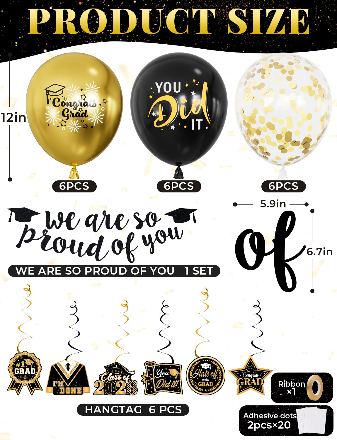 2026 Graduation Decorations - Graduation Party Decorations with We Are So Proud of You Banner Hanging Swirls, Black and Gold Print Balloons for Graduations Class of 2026 Leavers Party Supplies