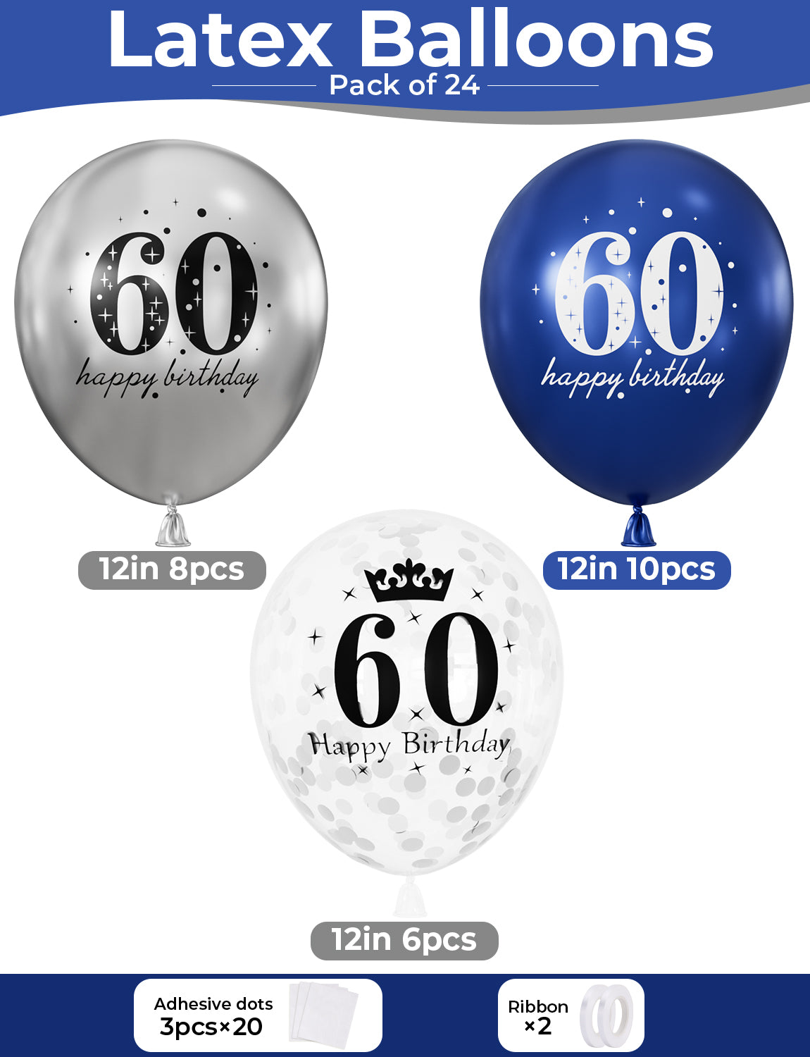 60th Birthday Balloons - 24Pcs Blue and Silver Balloons for birthday 12 Inch Happy Birthday Balloons, Navy Blue and Silver Confetti Balloons for Boys & Girls, 60th Birthday Party Decorations