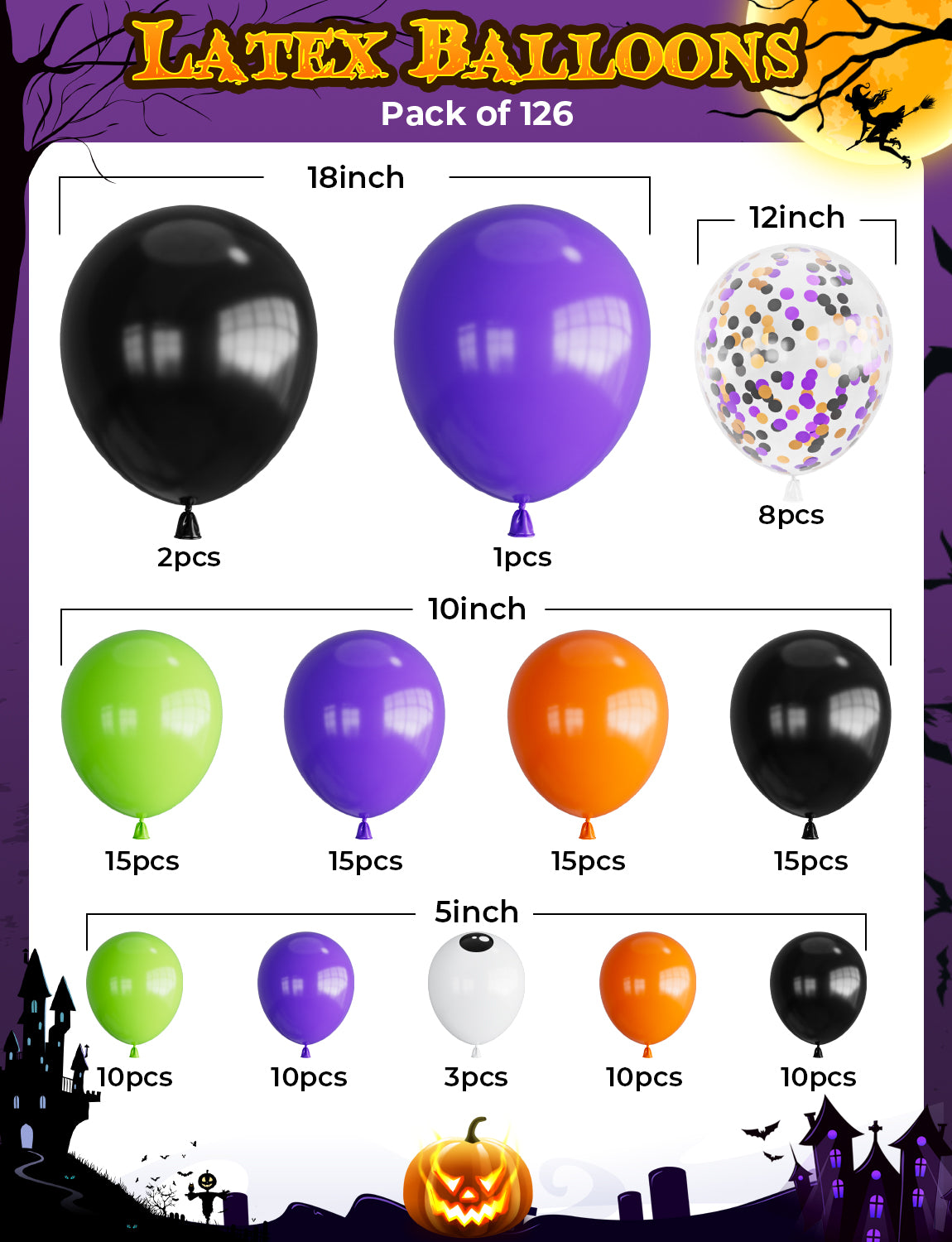 Halloween Balloons Arch Kit Garland with BOO Pumpkin Foil Balloon 126Pcs Black Orange Purple Green Halloween Balloons with Boo, Pumpkin, Eyeball Balloons for Halloween Party Decorations
