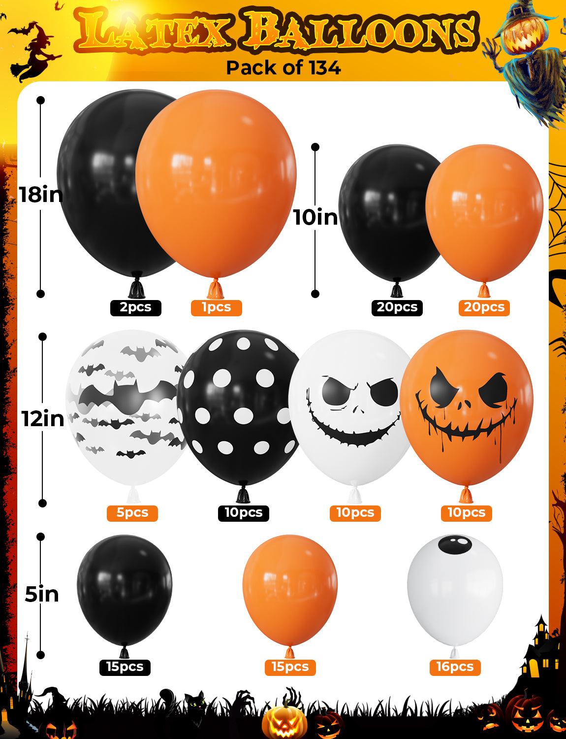 Halloween Balloon Garland Arch Kit, Black Orange White Balloons 134 Pcs Halloween Balloons with Eyeball, Bats and Ghost Face Print, 3D Bat Stickers for Birthday and Spooky Party Decorations