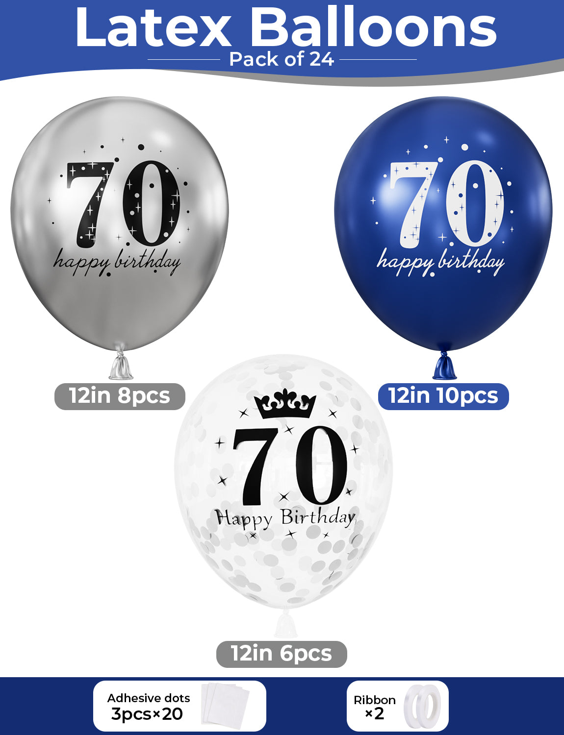 70th Birthday Balloons - 24Pcs Blue and Silver Balloons for birthday 12 Inch Happy Birthday Balloons, Navy Blue and Silver Confetti Balloons for Boys & Girls, 70th Birthday Party Decorations