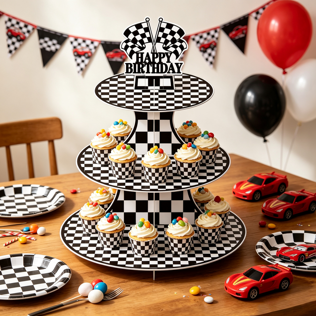 3 Tier Race Car Cupcake Stand for Car Themed Birthday Decorations Racing Cupcake Holder, Black White Cardboard Cupcake Stand with "Happy Birthday" , Race Car Birthday Decorations
