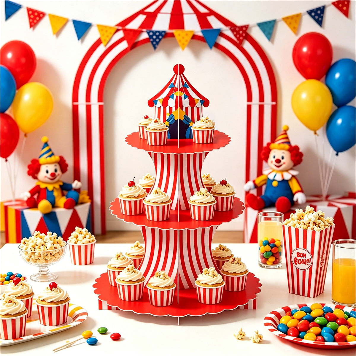 3 Tier Circus Carnival Cupcake Stand, Circus Tent Cupcake Holder Red and White Striped Cardboard Cupcake Stand, Carnival Decorations for Birthday Baby Shower Circus Party Decorations