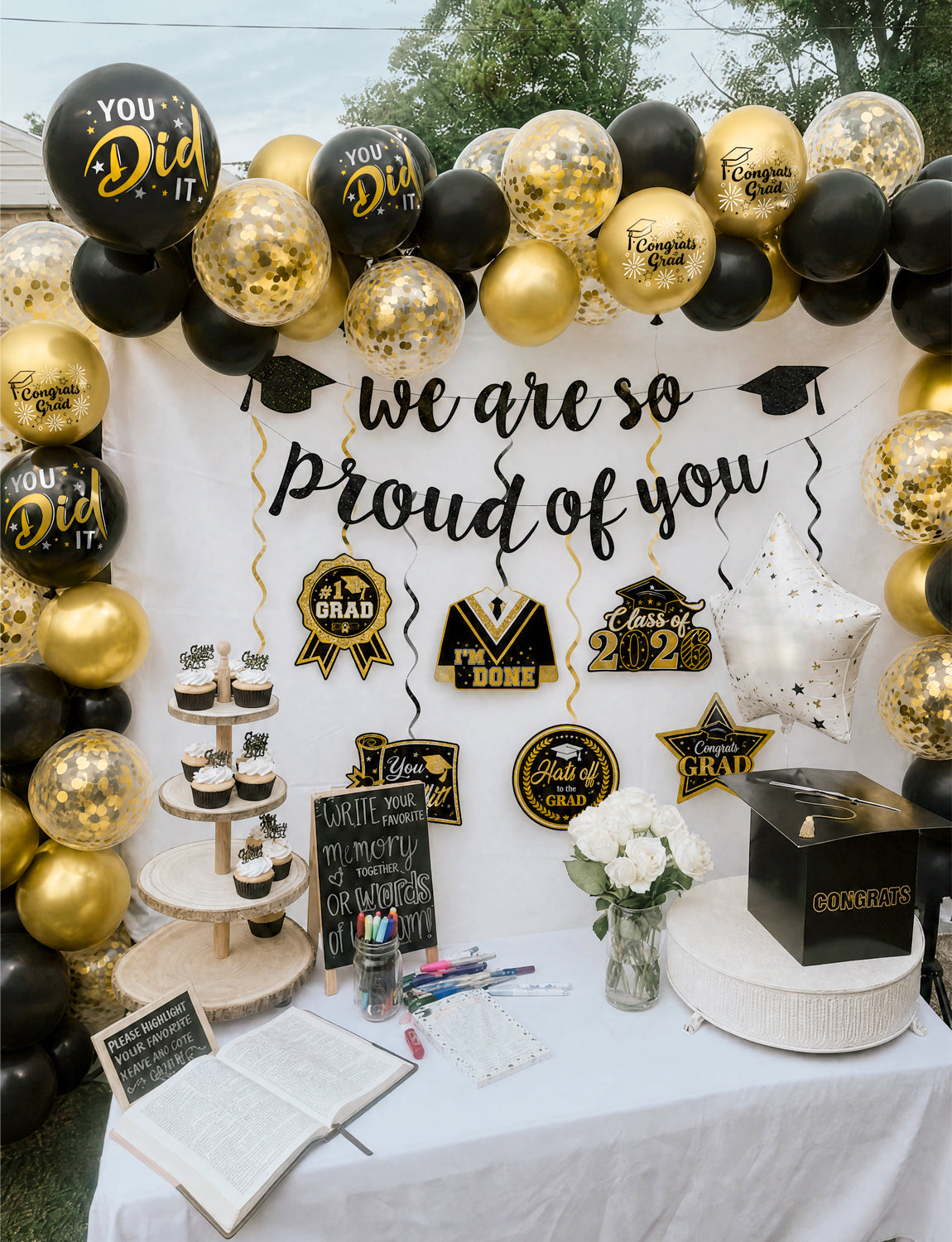 2026 Graduation Decorations - Graduation Party Decorations with We Are So Proud of You Banner Hanging Swirls, Black and Gold Print Balloons for Graduations Class of 2026 Leavers Party Supplies