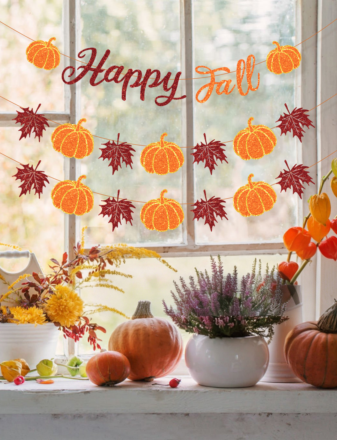 Happy Fall Banner, Fall Decorations with Pumpkin and Maple Leaves | 3-Piece Glitter Fall Banner Set, Thanksgiving Party Decorations for Home, Mantel, Wall, Office, Autumn Harvest Celebrations