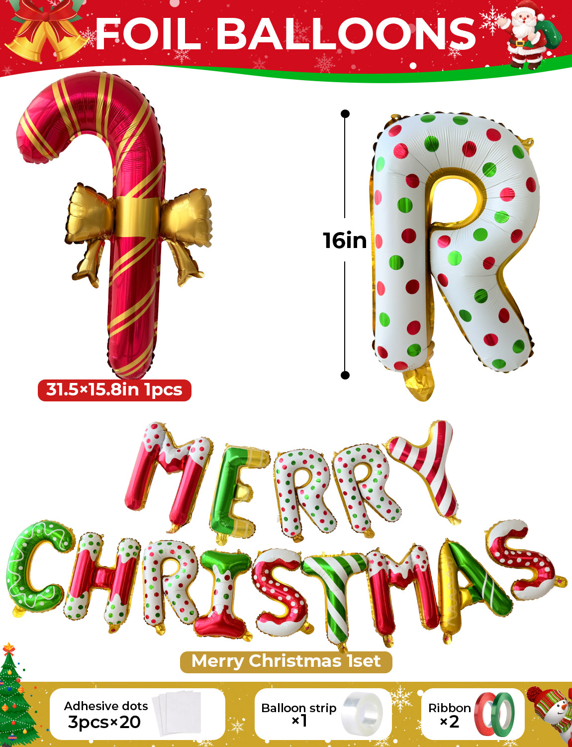 Adeyoo Christmas Balloon Arch Kit Garland - Xmas Balloons with Red Green Balloon, Large Bow, Candy Cane, Merry Christmas Foil Balloons for Birthday Xmas Party Decorations, Indoors Outdoor