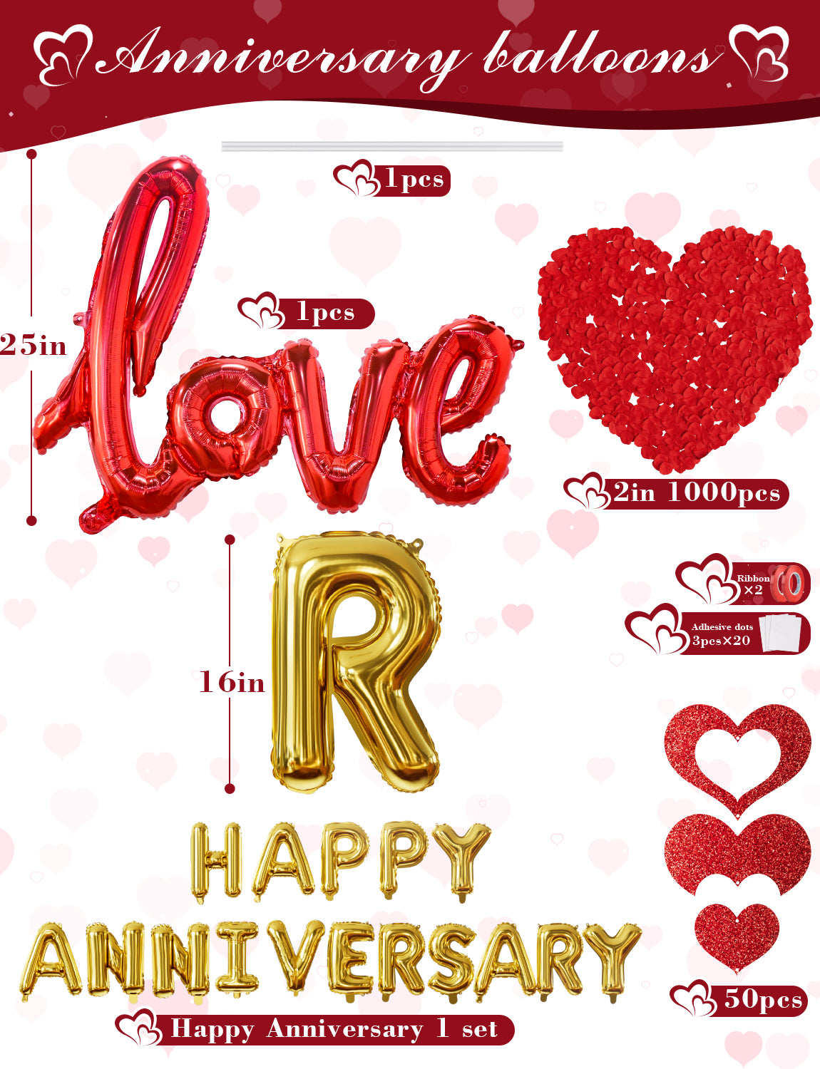 Happy Anniversary Decorations Set, Red Heart Balloons with Love Foil Balloons, Happy Anniversary Balloon Banner and Silk Rose Petals for Romantic Valentine's Day & Sweetest Day Supplies