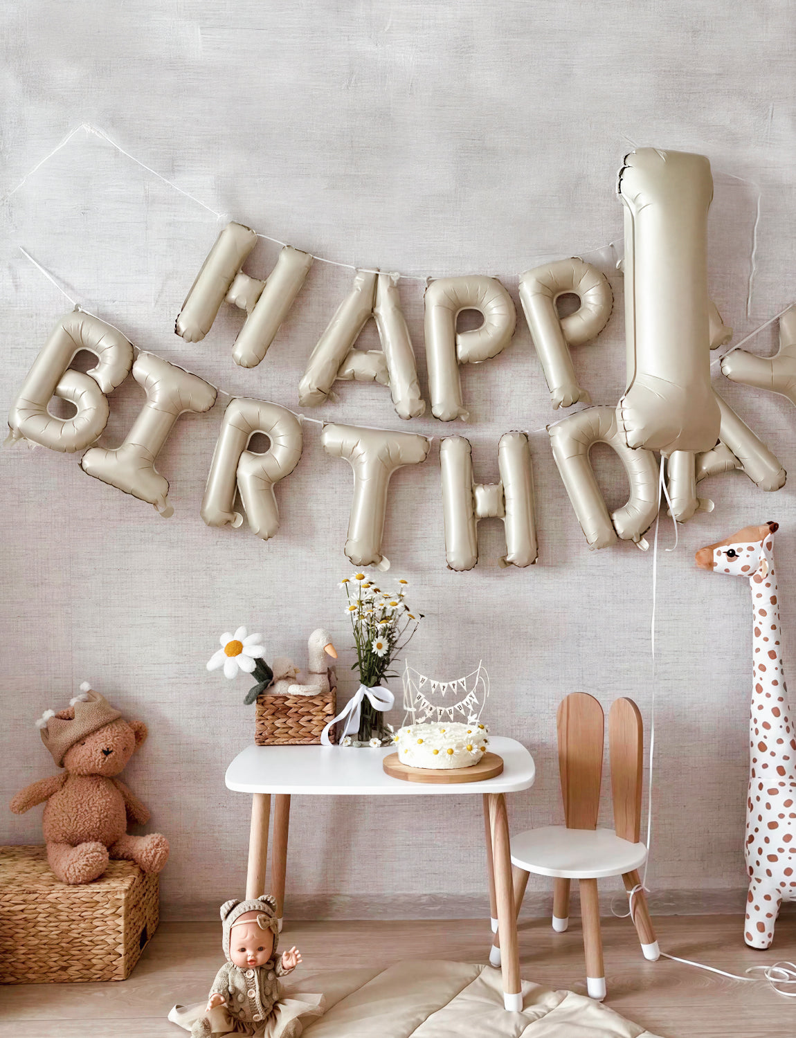 Adeyoo Cream Happy Birthday Balloons Banner - 16 Inch Cream Beige Neutral Foil Balloon Big Sand White Letter Balloons, Self Inflating Balloon for Girls Women Boys Men Birthday Party Decorations
