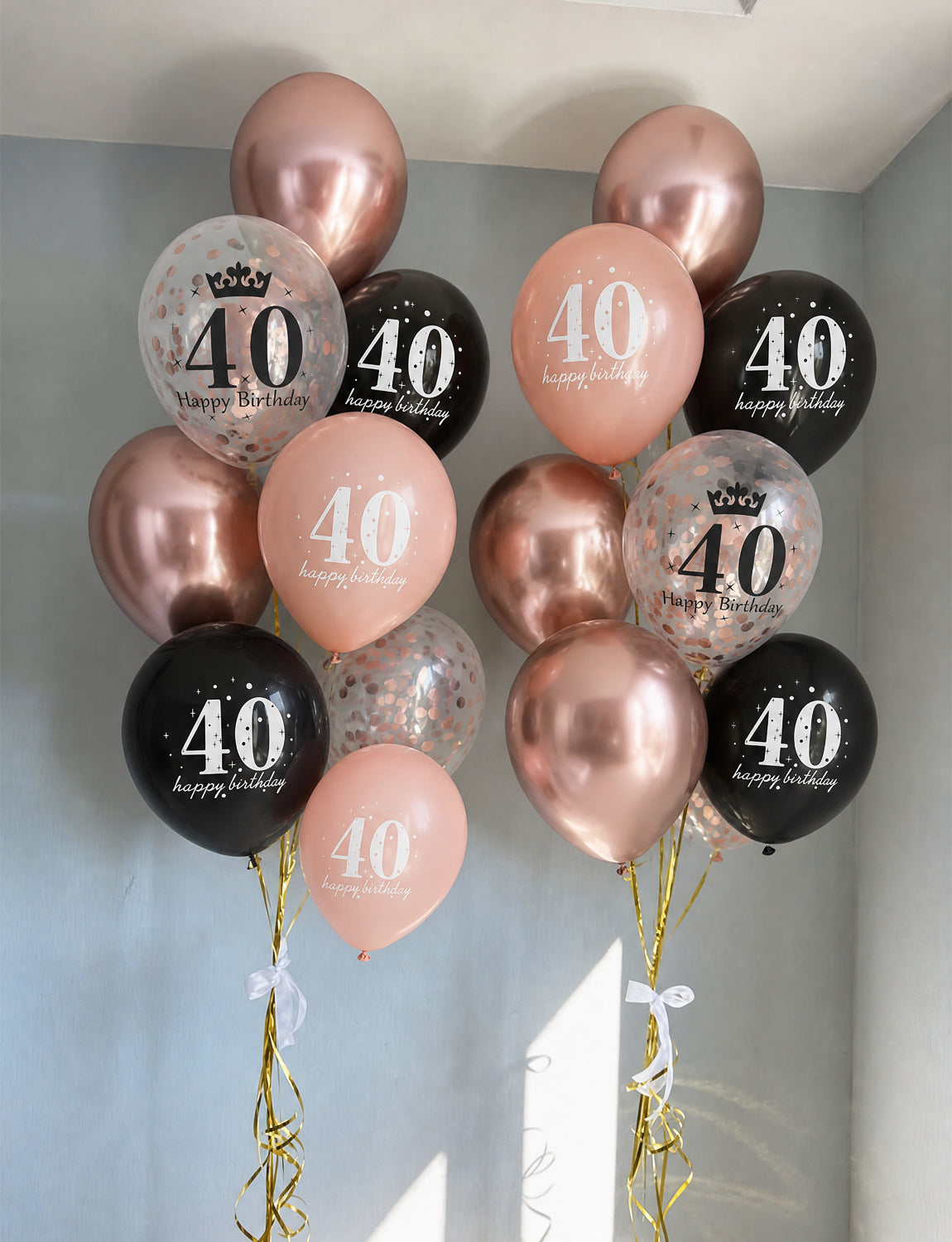 40th Birthday Balloons, Rose Gold and Black Balloons for Party Decor 24 Pcs 12 Inch Happy Birthday Balloons, Metallic and Pearl Rose Gold Balloons with Confetti, 40th Birthday Party Decorations