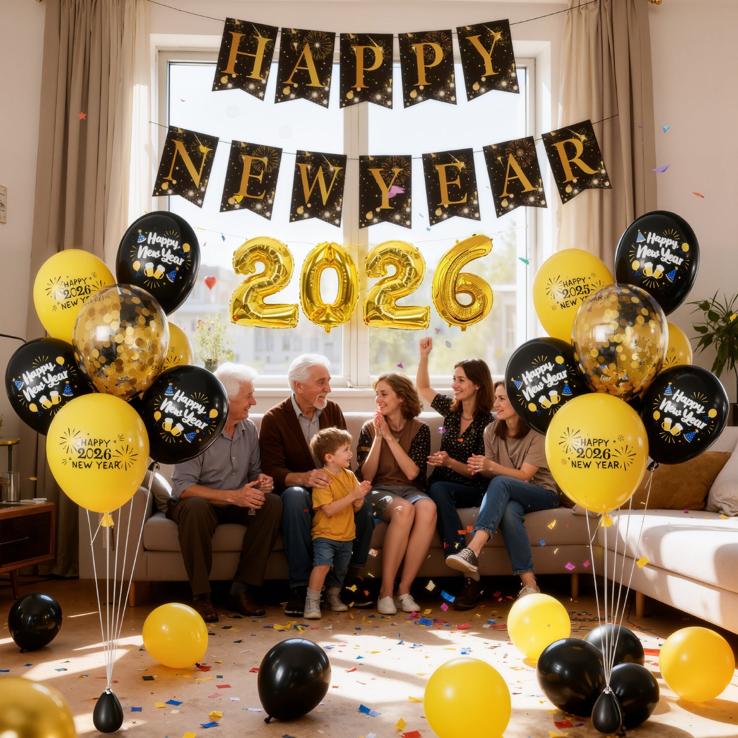 Adeyoo New Years Eve Decorations 2026 XXL Set - New Year Decorations with 2026 Giant Foil Balloons, Black and Gold Happy New Year Banner and Latex Confetti Balloons for Happy New Years Eve Party