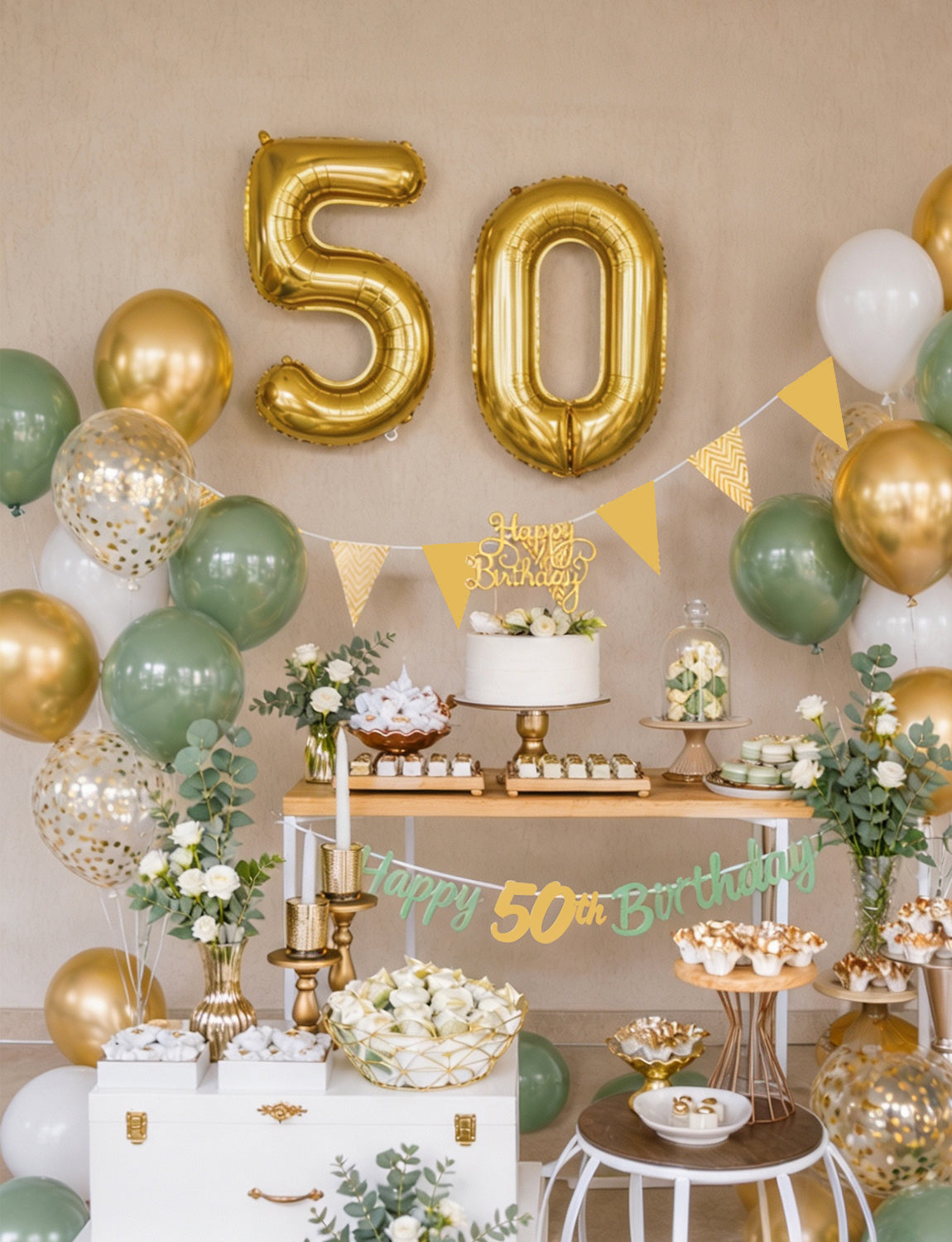50th Birthday Decorations with 50th Birthday Banner for Women Men Sage Green Gold White Balloons, Number 50 Foil Balloon, Gold Bunting, Cake Topper for 50th Anniversary Birthday Party Decor