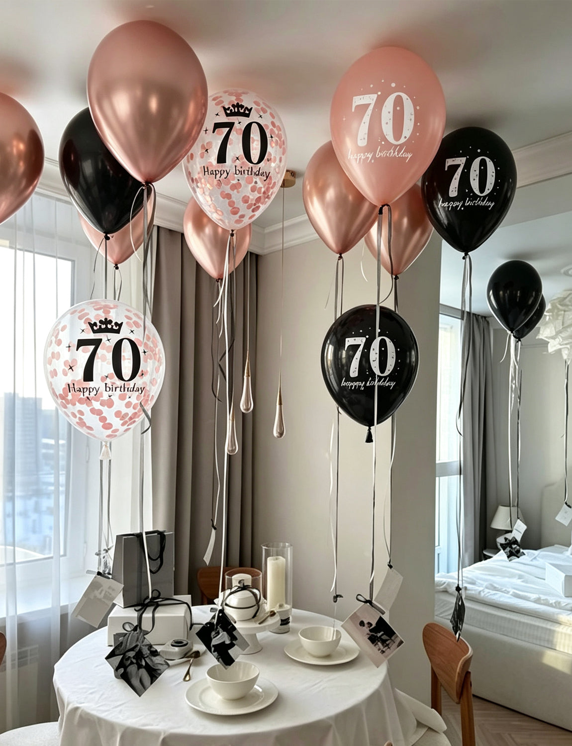 70th Birthday Balloons, Rose Gold and Black Balloons for Party Decor 24 Pcs 12 Inch Happy Birthday Balloons, Metallic and Pearl Rose Gold Balloons with Confetti, 70th Birthday Party Decorations