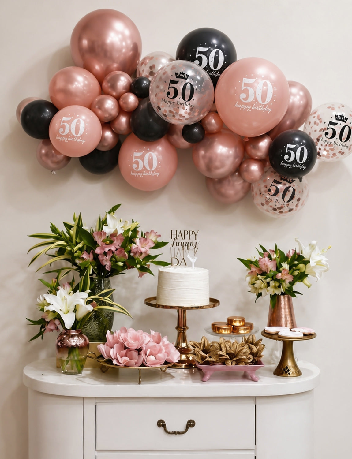 50th Birthday Balloons, Rose Gold and Black Balloons for Party Decor 24 Pcs 12 Inch Happy Birthday Balloons, Metallic and Pearl Rose Gold Balloons with Confetti, 50th Birthday Party Decorations