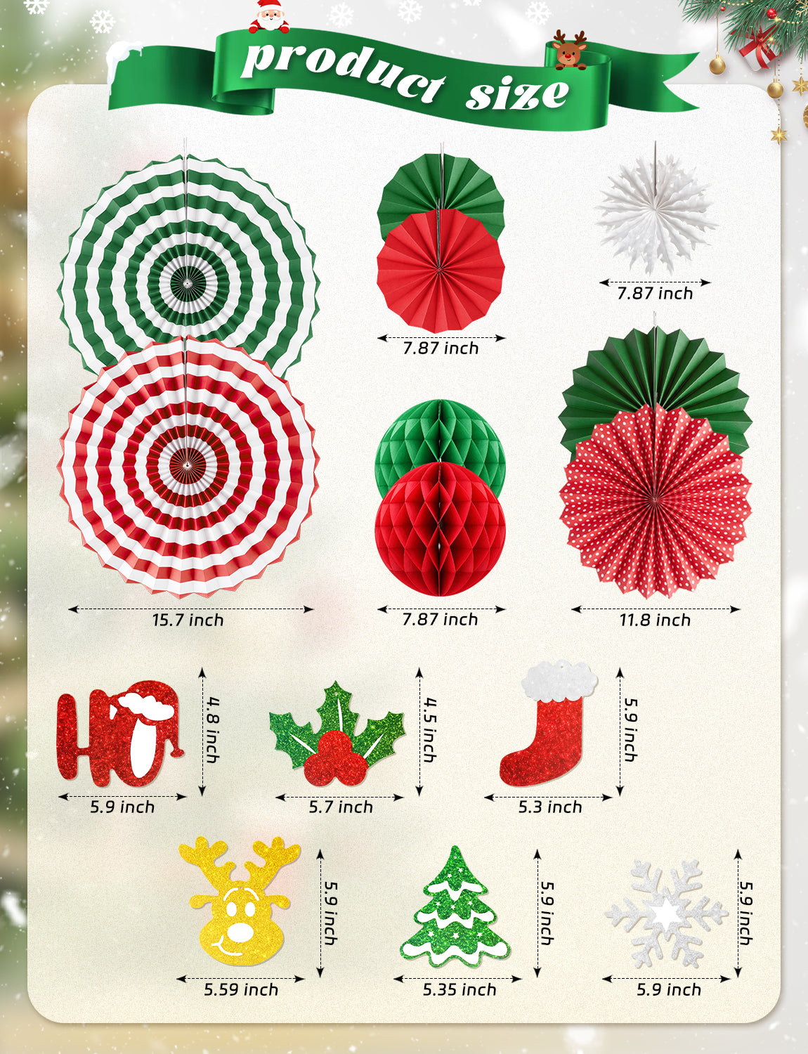 Adeyoo Christmas Decorations, 18Pcs Merry Christmas Paper Decoration Banner Honeycomb Ball, Paper Fan, Snowflakes, Swirls and Merry Christmas Banner, Christmas Ceiling Decorations for Indoor Xmas Party
