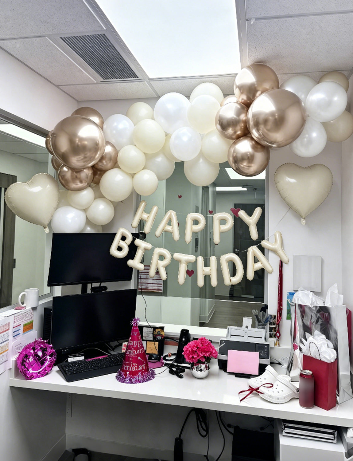 Cream Happy Birthday Balloons Banner - Big Beige Heart Foil Letter Balloon Banner with 12 Inch Metallic Pearl Sand White Balloons for Women Men Birthdays Boho Neutral Party Decorations