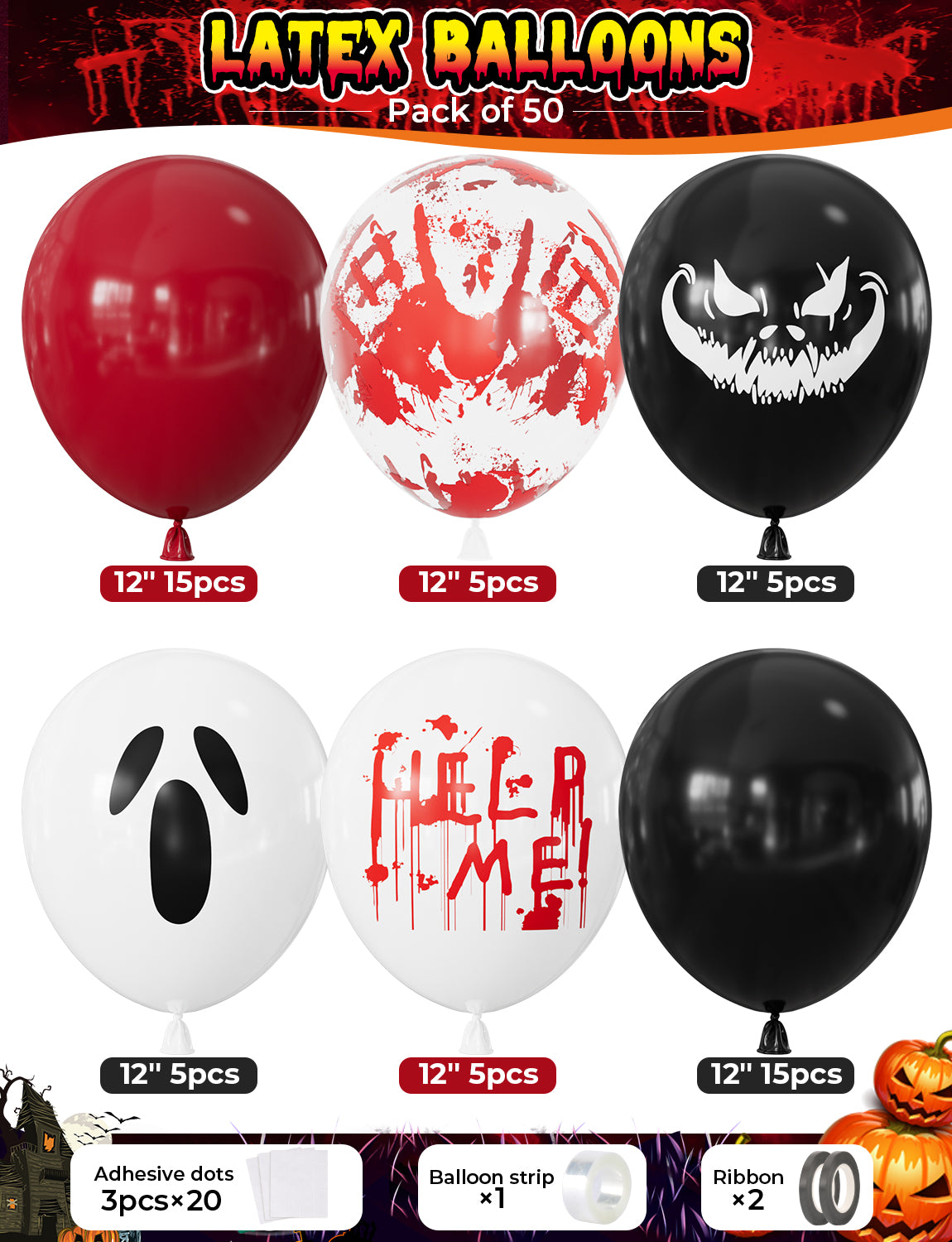Halloween Balloons, Black Red Bloody Balloon for Halloween Decor 50 Pcs 12 Inch Halloween Latex Balloon, Bloody Handprint Ghost Print Balloon for Spooky Horror Haunted House Creepy Parties