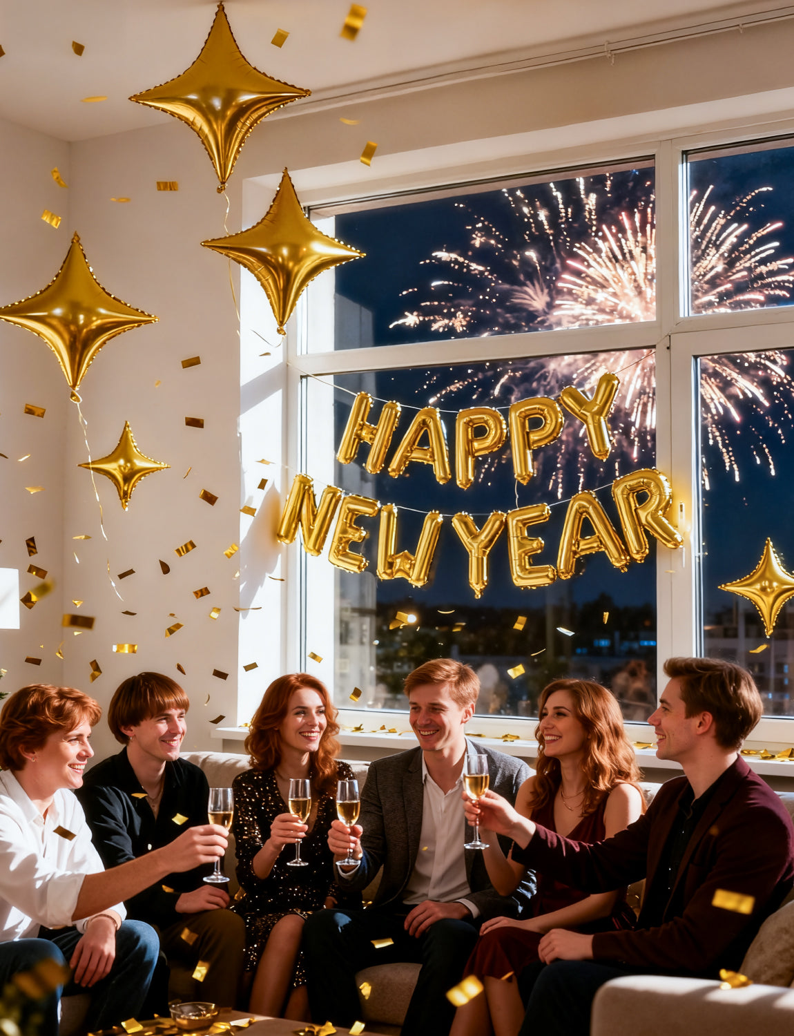 Adeyoo Happy New Year Balloons - 16 Inch Happy New Year Balloons Banner with Gold Star Big Letter Balloon Reusable Self Inflating Balloon for New Years Eve Party Decorations