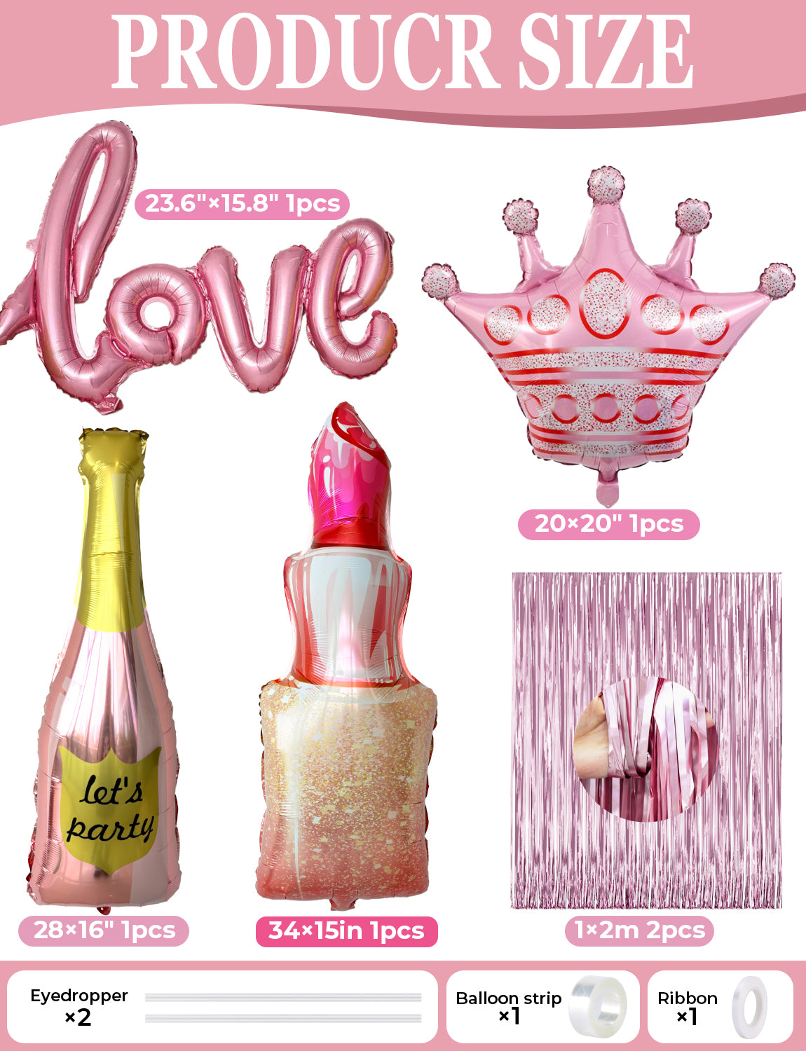 Pink Birthday Decorations for Girls and Women - Pink Party Decorations with Happy Birthday Balloons, Foil Fringe Curtain, Crown Champagne Lipstick Love Foil Balloons for Girls Princess Party Supplies