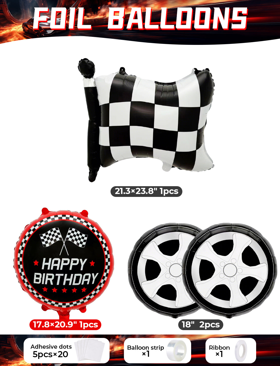 Adeyoo Race Car Balloons Arch Garland Kit - 102Pcs Red Black Silver Balloon Arch with Checkered Wheels Race Car Foil Balloons for Racing Themed Birthday Baby Shower Party Decorations