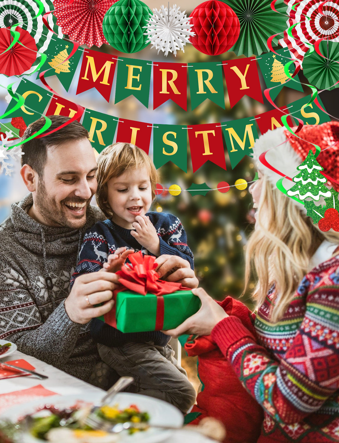 Adeyoo Christmas Decorations, 18Pcs Merry Christmas Paper Decoration Banner Honeycomb Ball, Paper Fan, Snowflakes, Swirls and Merry Christmas Banner, Christmas Ceiling Decorations for Indoor Xmas Party