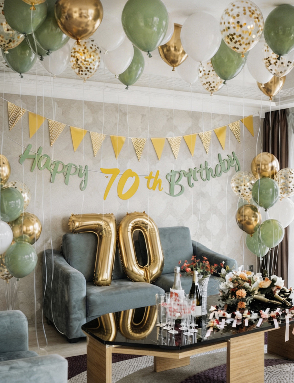 70th Birthday Decorations with 70th Birthday Banner for Women Men Sage Green Gold White Balloons, Number 70 Foil Balloon, Gold Bunting, Cake Topper for 50th Anniversary Birthday Party Decor