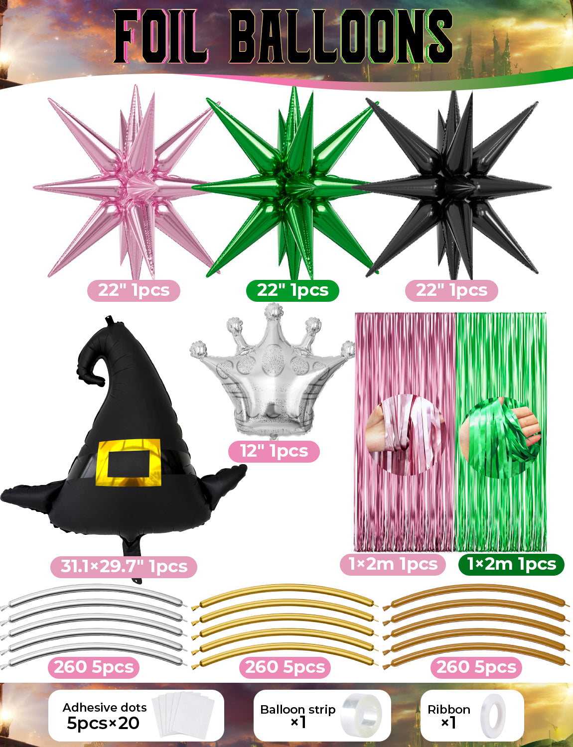 Pink and Green Balloons Arch Kit - Witch Balloon Arch Kit, Multi-Size Pink and Green Balloons with Foil Fringe Curtains Witch Hat Crown Explosion Star Broom Balloon for Birthday Party Decor