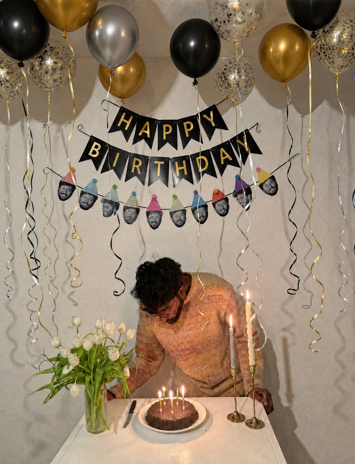 Black and Gold Happy Birthday Banner - Black and Gold Birthday Decorations with 12 Inch Latex Confetti Balloons Reusable Bunting Banner for Men Women Pet Happy Birth Party Decorations