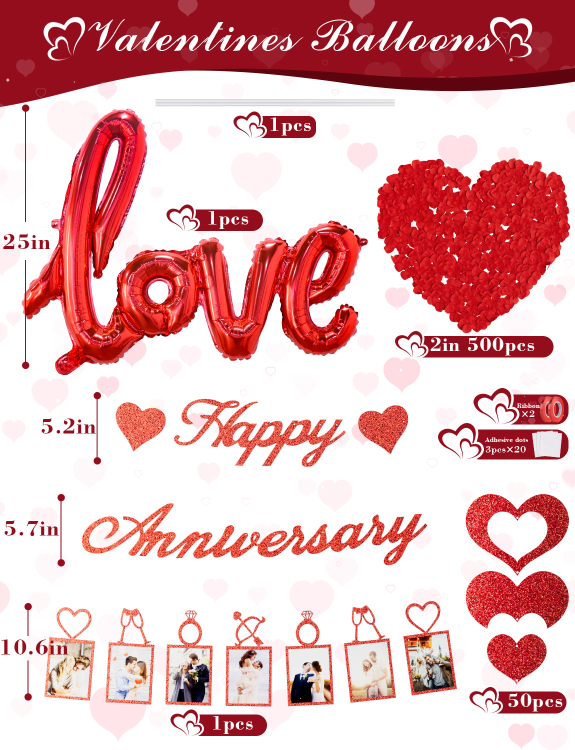 Adeyoo Anniversary Decorations - Valentines Day Decorations with Happy Anniversary Banner and Photo Banner, Red Heart Balloons I Love You Foil Balloons Rose Petals for Romantic Valentines Party