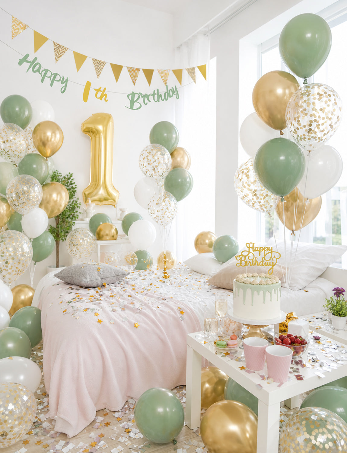 1st Birthday Decoration for Boy Girl, Sage Green Gold White Balloons 1st Birthday Banner , Number 1 Balloon, Gold Bunting, Cake Topper for Baby Wild One Party First Birthday Decorations