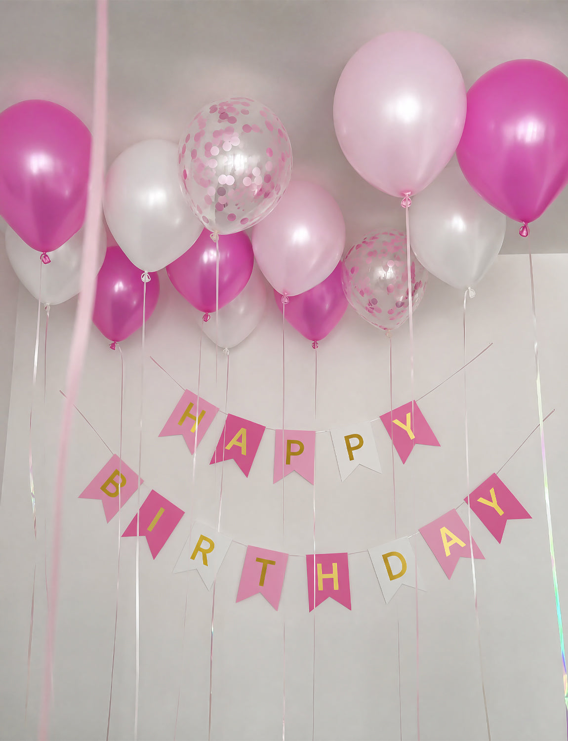 Pink Birthday Decorations - Happy Birthday Banner with 12 Inch Pink and White Latex Confetti Balloons Reusable Bunting Banner for Girls Women Pet Happy Birth Party Decorations