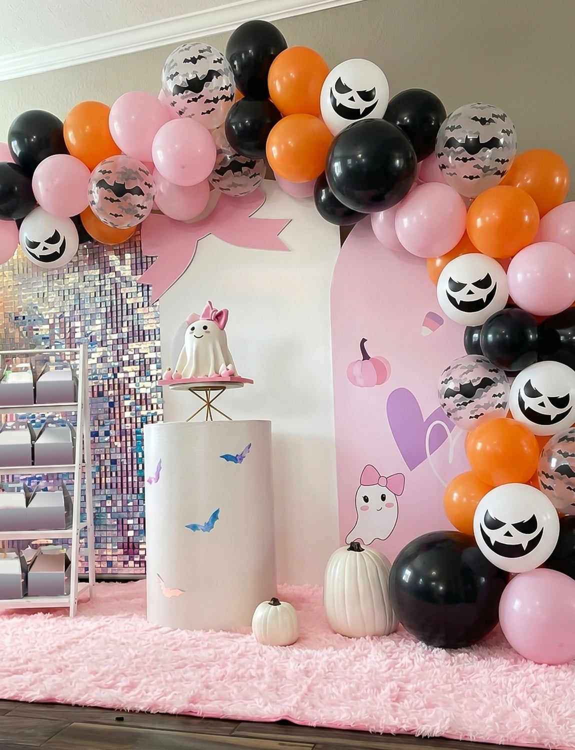 Halloween Balloons, Pink Orange Black Balloons for Halloween Decor 50 Pcs 12 Inch Halloween Latex Balloons, Bat Ghost Print Balloons for Girls Halloween Spooky One Scary Party Decorations