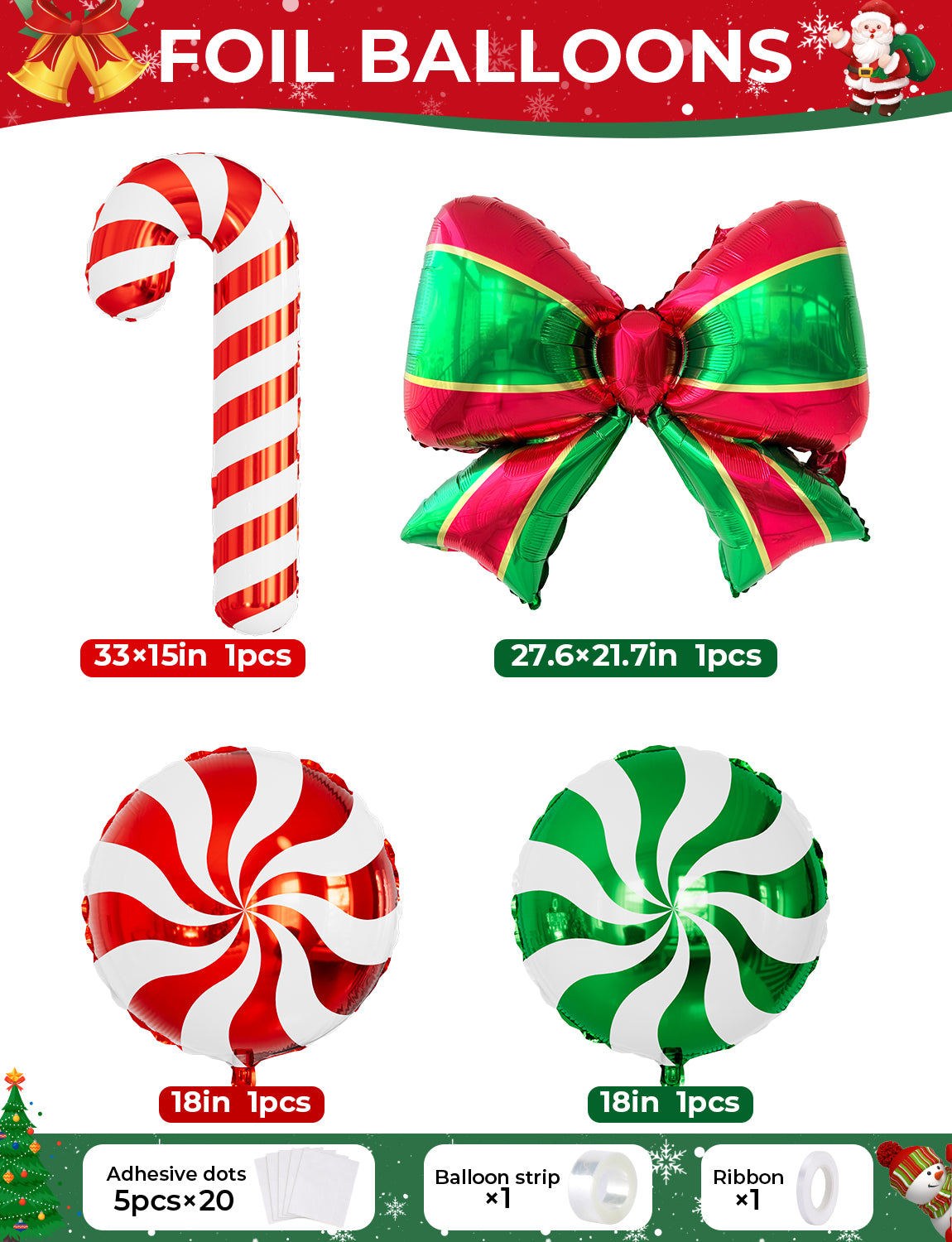 Christmas Balloon Garland Arch Kit, Red Green Gold Christmas Balloon 131 Pcs Red Green White Gold Latex Balloons with Christmas Bow, Candy Cane Foil Balloons for Christmas New Year Party Decor