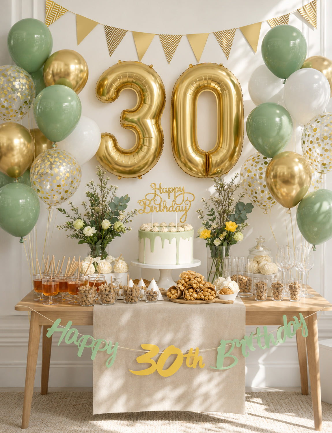30th Birthday Decorations with 30th Birthday Banner for Women Men Sage Green Gold White Balloons, Number 30 Foil Balloon, Gold Bunting, Cake Topper for 30th Anniversary Birthday Party Decor